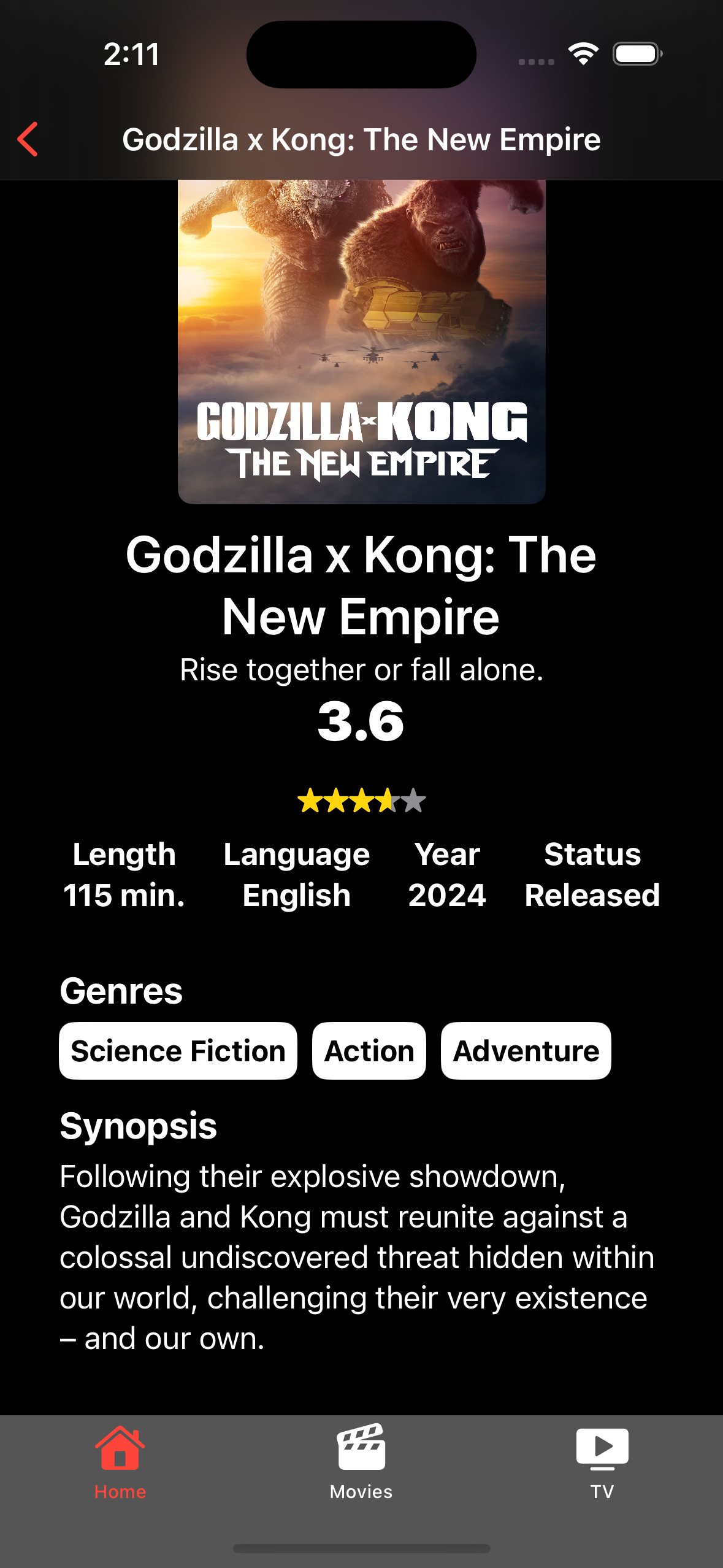 EMovies running on iOS, showing a movie’s artwork, rating, genres, and details